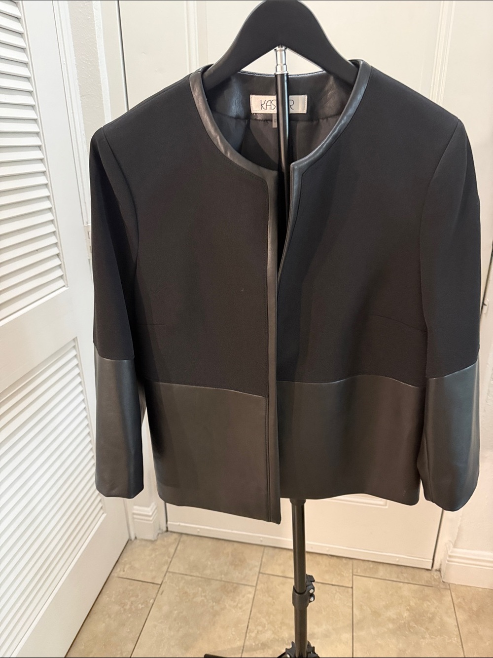 Kasper Black Open-Front Jacket with Faux-Leather Panels